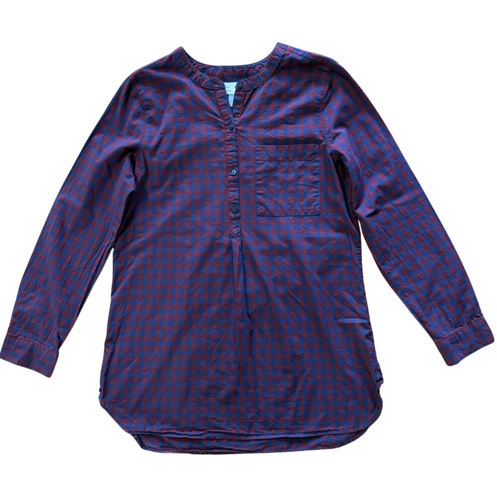 Old Navy Womens Burgundy Navy Plaid Cotton Tunic Henley Long Sleeve Top Small